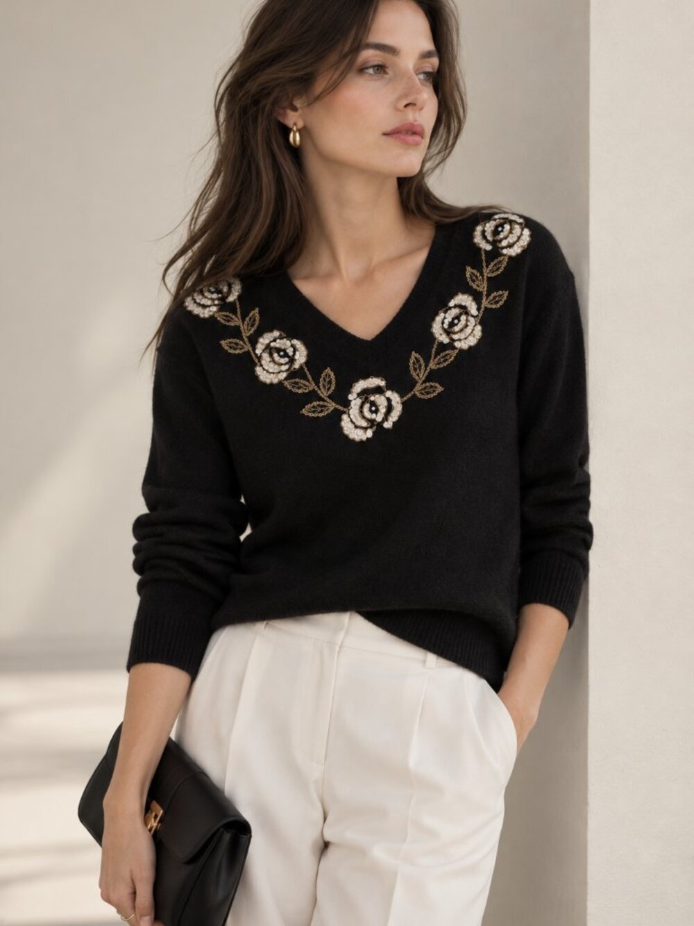 TAMRA | Vintage Black Angora Blend Sweater Gold Sequin Roses - Women's Small